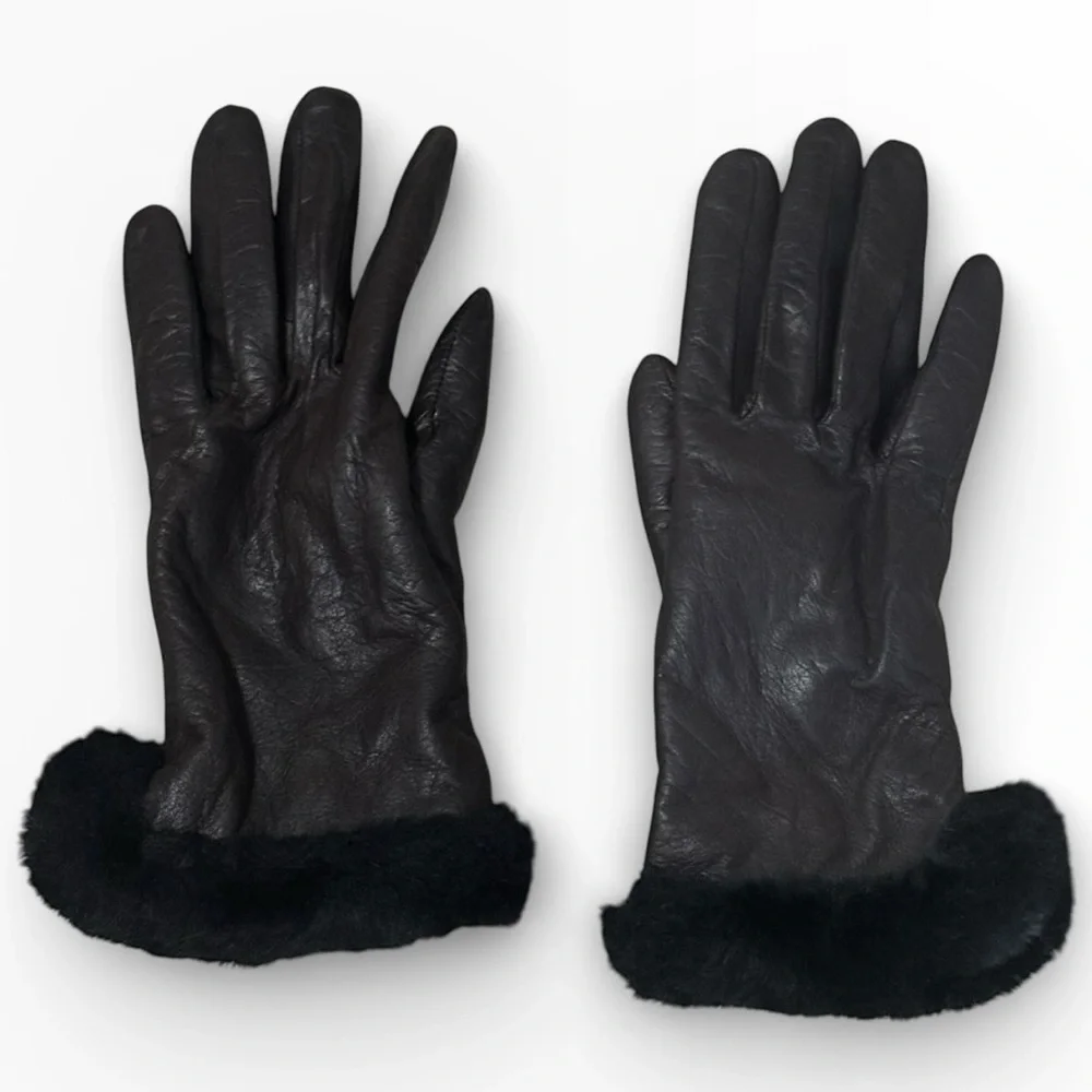 Vintage Leather Gloves Brown with Black Faux Fur Warm Winter Snow Trip Size M